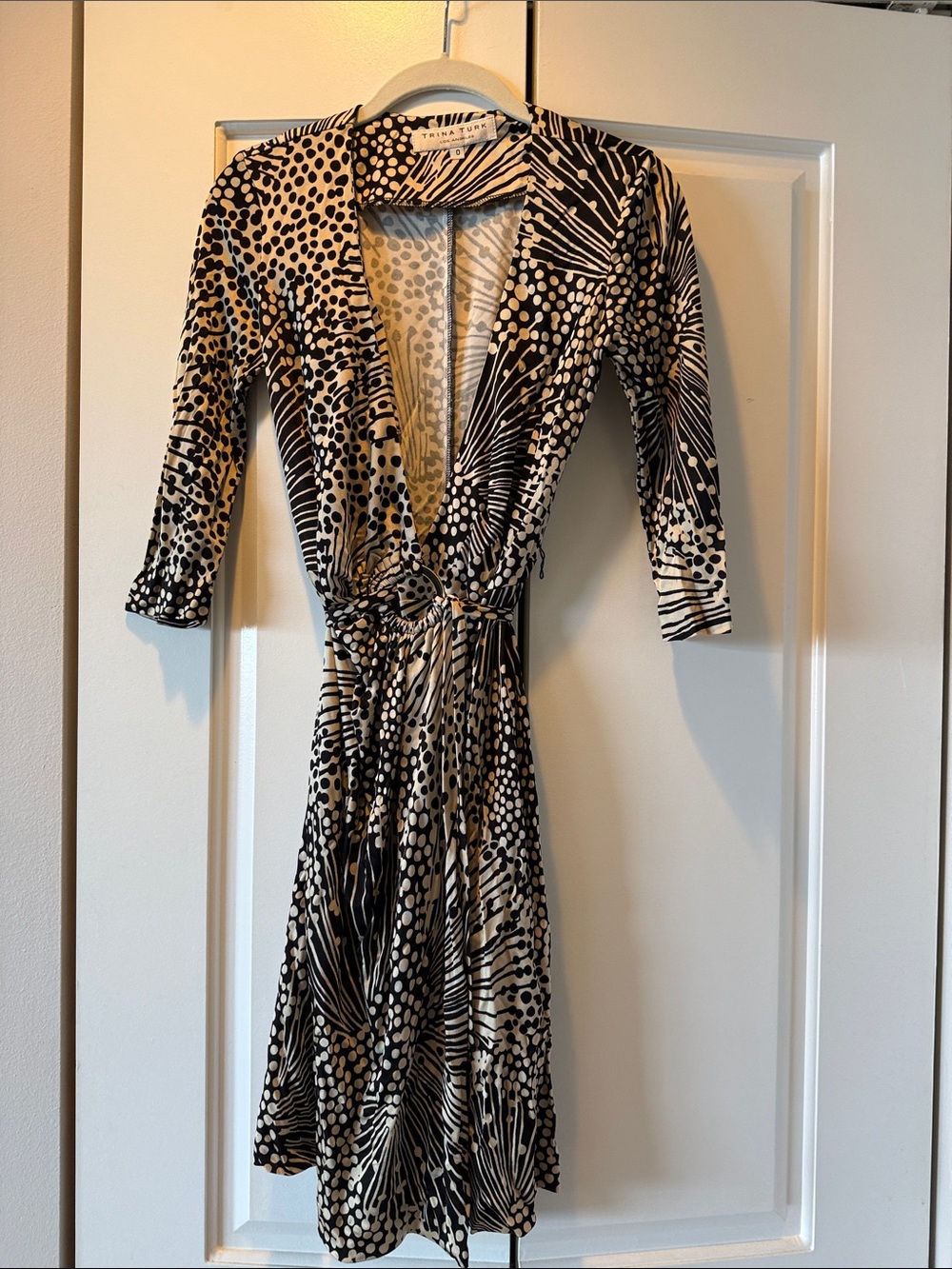 Trina Turk Black and Cream Printed Wrap Midi Dress